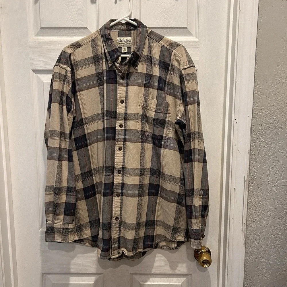 Cabelas Mens Large Tall Plaid Heavyweight Flannel Button Down Shirt‎ Blue Cotton